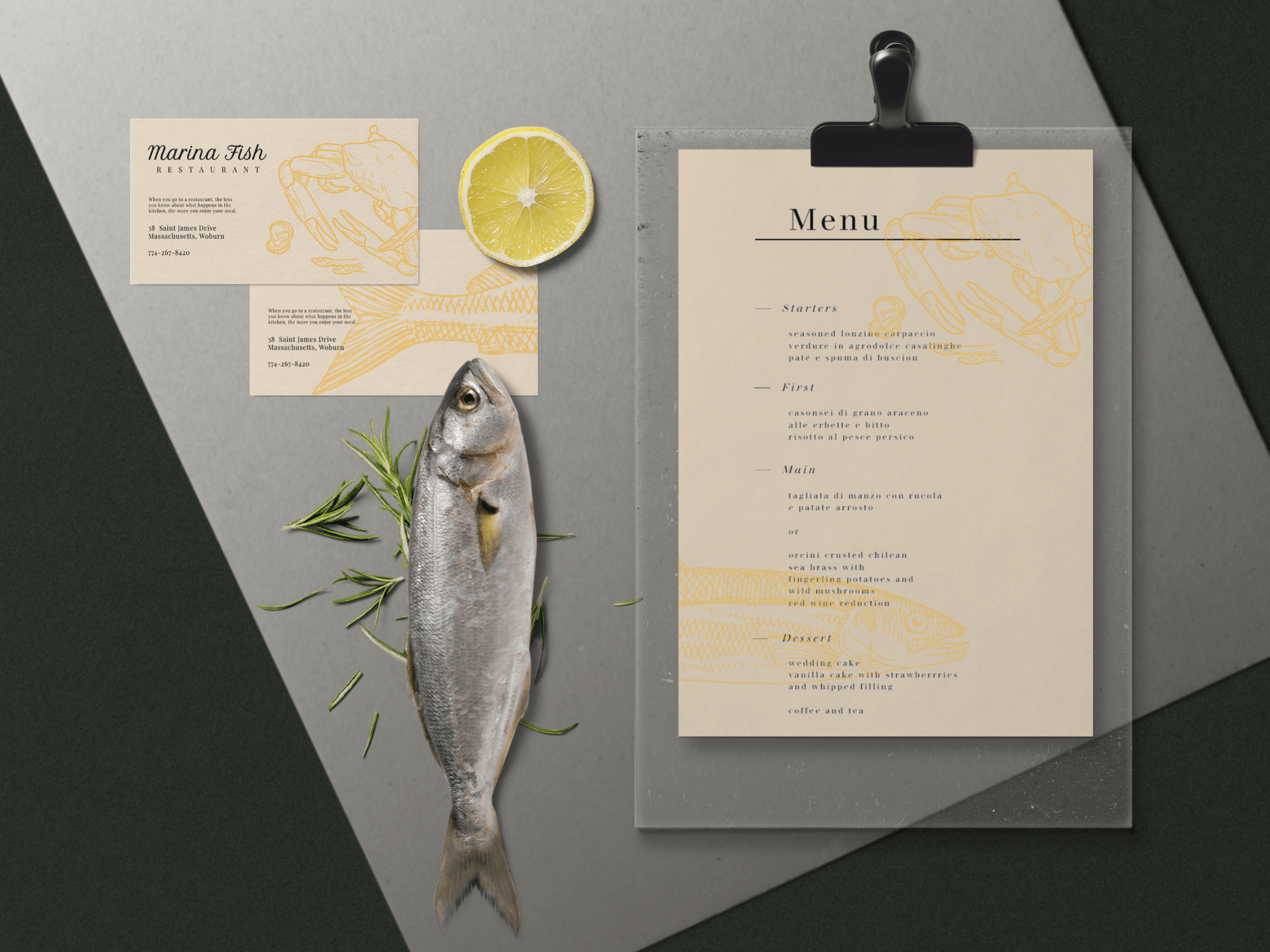 JPG All packaging apparel vehicles indoor ads outdoor ads stationery devices. Fish Restaurant Menu Mockup Scene