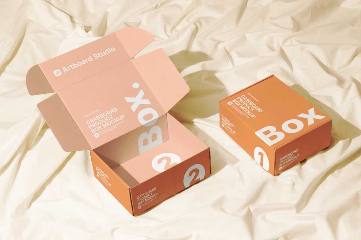 Packaging box psd mockup that enables you to share 3 sides of a cardboard box. Cardboard Product Box Mockup Template